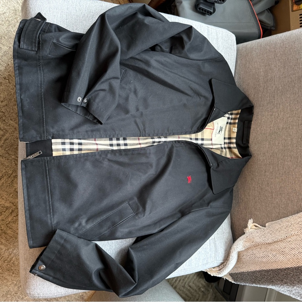 Burberry Gabardine Harrington Black Jacket with Check Lining